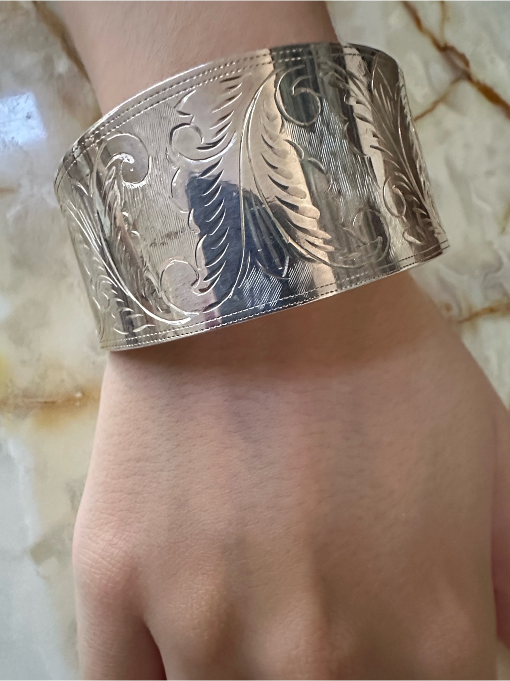 925 Sterling Silver Engraved Wide Cuff Bracelet
